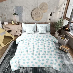 Feelyou 7-Pieces Brush Stroke Bed-in-a-Bag, Sky Polka Dot Pattern Lightweight Comforter Set with Dots Sheets, Rustic Light Blue White Bedding Set for Kids