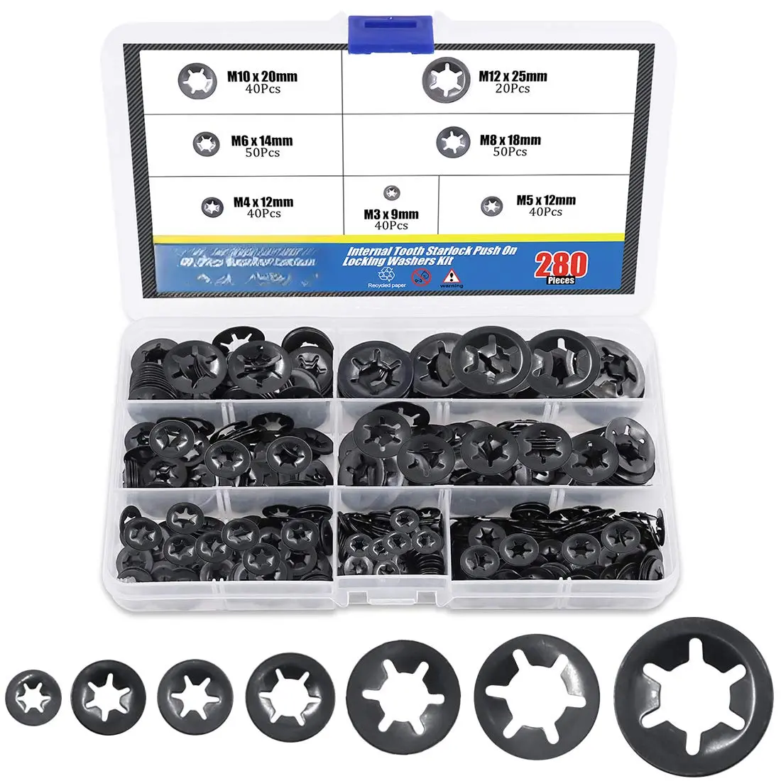 280 count Internal  Starlock Push On Locking Washers Speed Clips Fasteners Assortment Kit