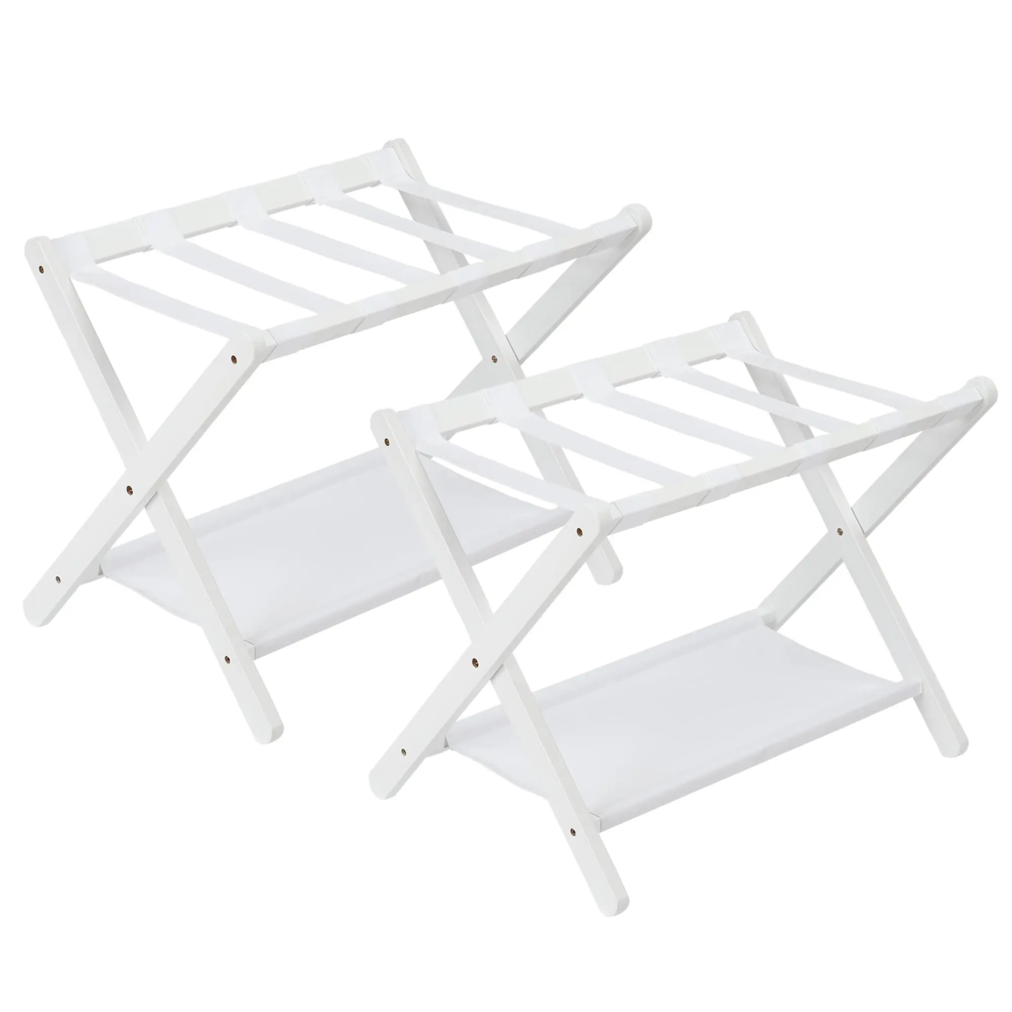 Garvee Premium Bamboo Folding Luggage Rack with Durable Nylon Straps and Storage Shelf Supports 110 lbs Collapsible Suitcase Stand for Bedrooms Guest Rooms Hotels Set of 2 White Brown Black