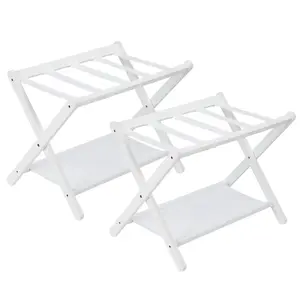 Garvee Premium Bamboo Folding Luggage Rack with Durable Nylon Straps and Storage Shelf, Supports Up to 110 lbs, Collapsible Suitcase Stand for Bedrooms, Guest Rooms, Hotels, Available in White, Brown, and Black, Set of 2