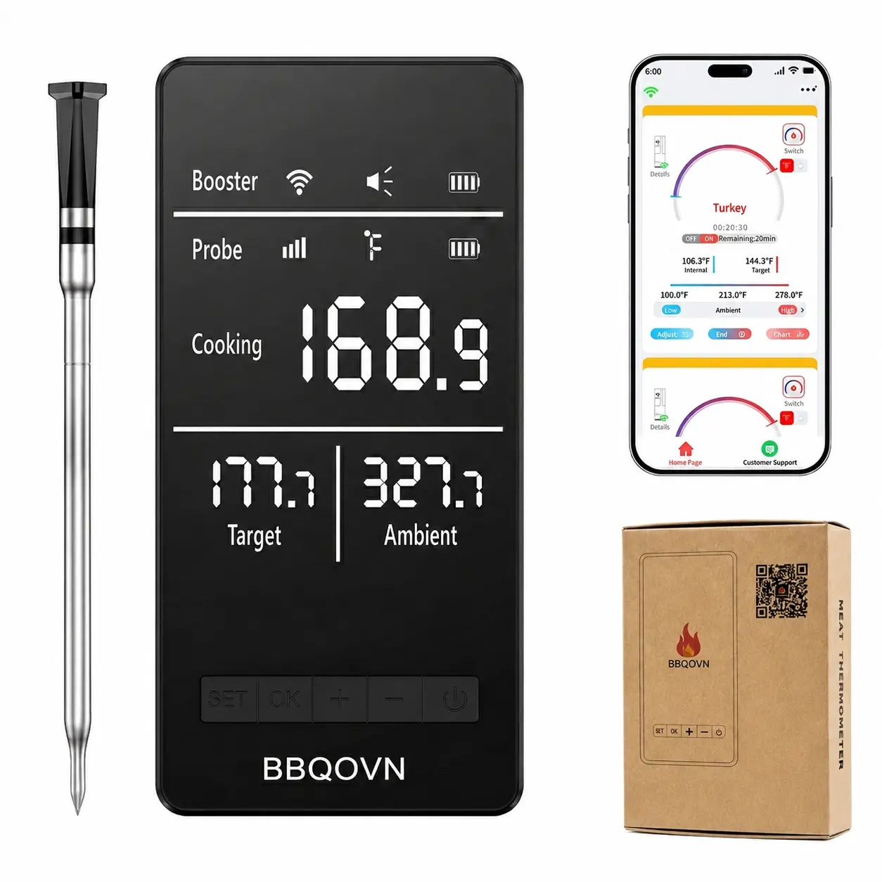 Wireless Smart WiFi Digital Meat Thermometer - Kitchen Gadgets, Grillable Barbecue Thermometers with Long-Range Ultra-Thin Wireless Probe, for Indoor BBQ, Oven, Family Dinners & Summer Grilling Gifting