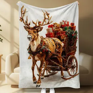 Christmas Deer Blanket with Festive Wreath and Bells, Vintage Sleigh Design, Soft Comfortable All-Season Throw, Perfect Gift for Holidays