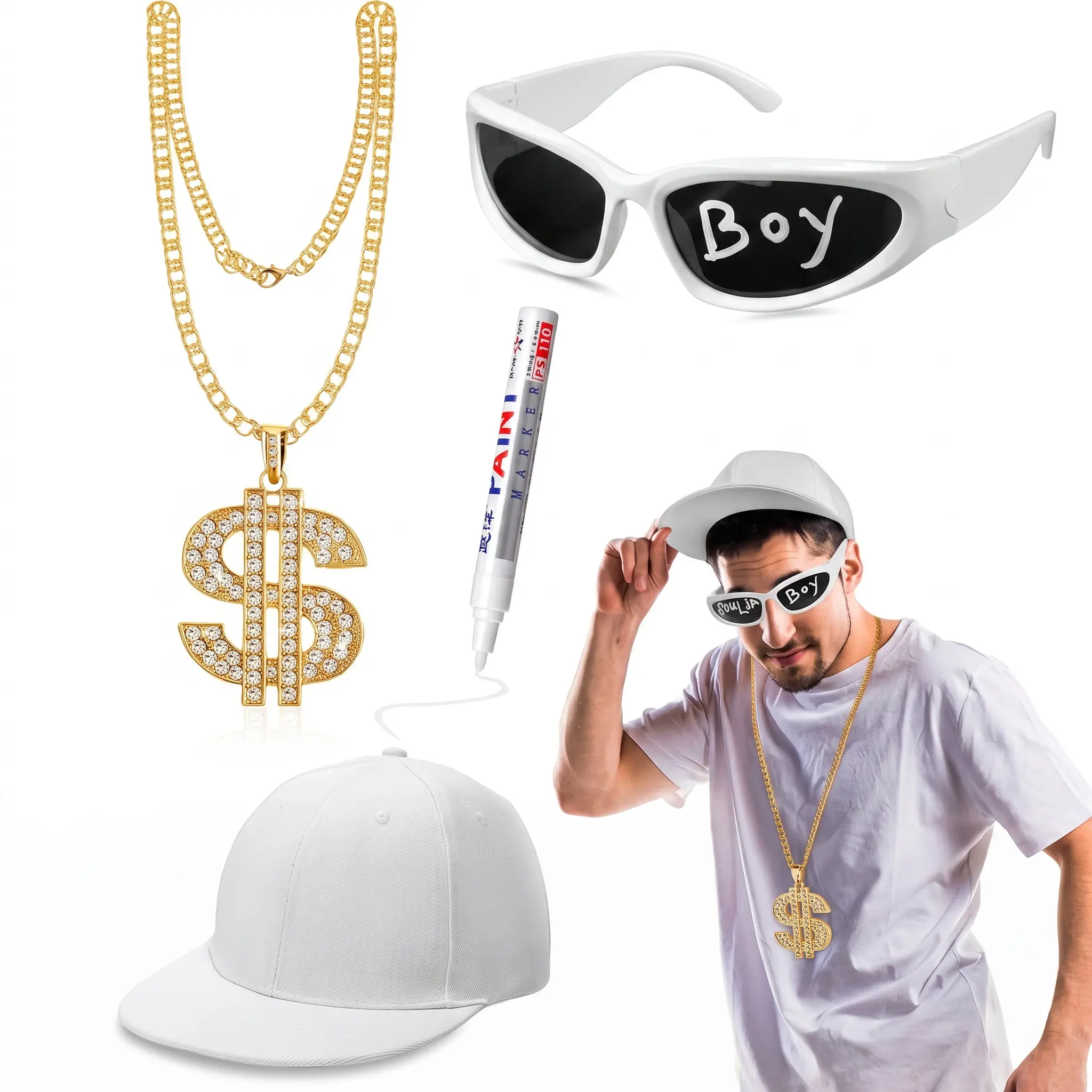 4/6/8/12 Pcs Hip Hop Rapper Costume Kit 2000s 80s 90s Halloween Rapper Accessories Outfit White Hat Cap,  Sunglasses, Dollar Necklace, Paint pen for Men Women Halloween Party