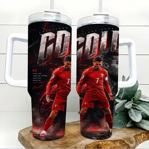 Cristiano Ronaldo CR7 40oz Tumbler with Handle and Straw, Red No.7 Soccer Legend Graphic Insulated Cup, Stainless Steel Travel Mug Water Bottle Coffee Cup for Sports Fans Gym Car Office Commute Birthday Gift