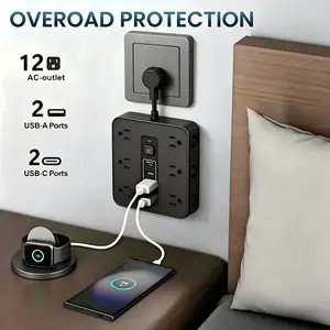 Surge-protected Power Strip with Switch • 12 Outlets • 2USB and 2 Type-C Ports Extension Cord •  Desktop Charging Station • Suitable for Home and Office • Black and White Power Strip
