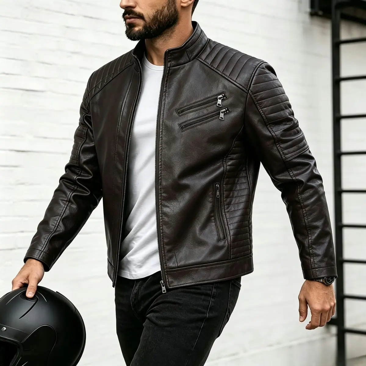 Men's Stylish Waterproof Long-Sleeve Motorcycle Leather Coat - Menswear, Stand Collar, Vertical Stitching, Multiple Zippers, Plain Casual Retro Biker Riding Jacket, Tops, Coats, Classic