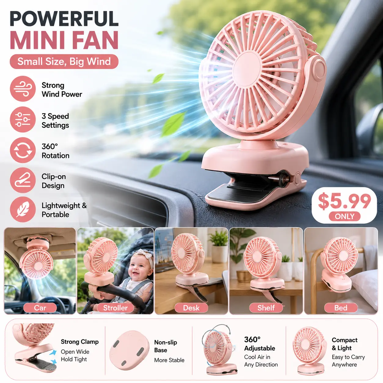 Mini Clip-on Portable Fan - Rechargeable Mini Fans with Powerful Clamps, 3 Speed Settings, Cute Small Desktop Cooler, Suitable for Backpacking, Outdoor Trips (Muted Yellow, Green, Pink), Portable Fans