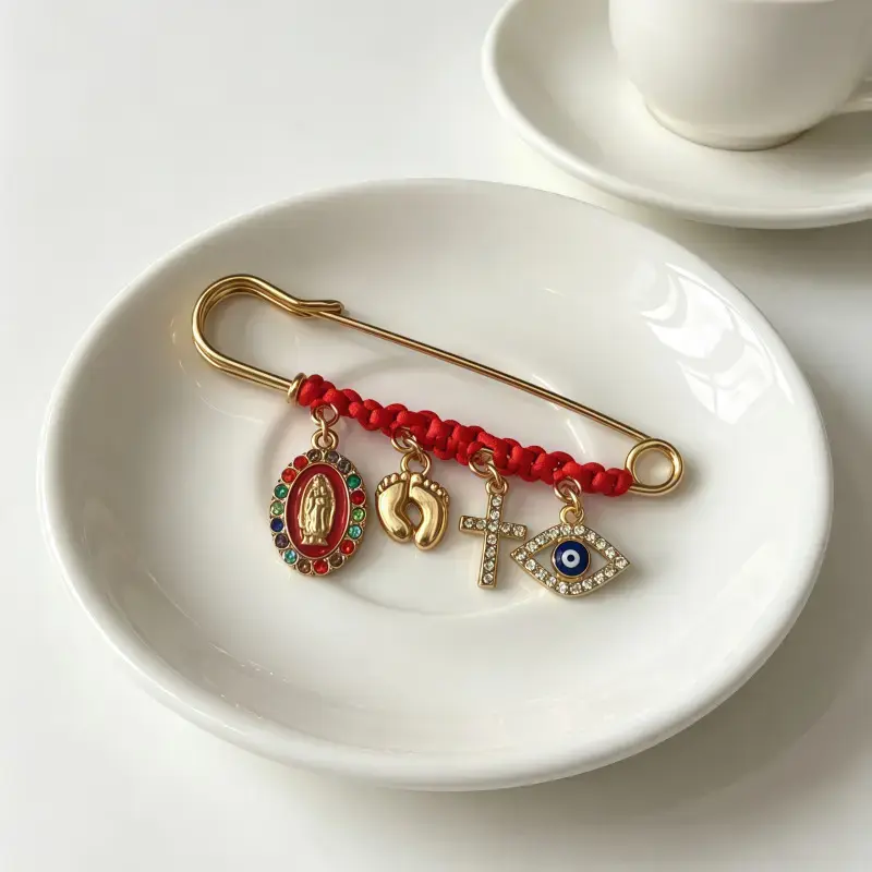 Veliora Gift B Protection Brooch for Pregnancy & Baby Religious Charm Maternity Safety Pin Brooch – Virgin Mary, Cross & Evil Eye Belly Jewelry Pin