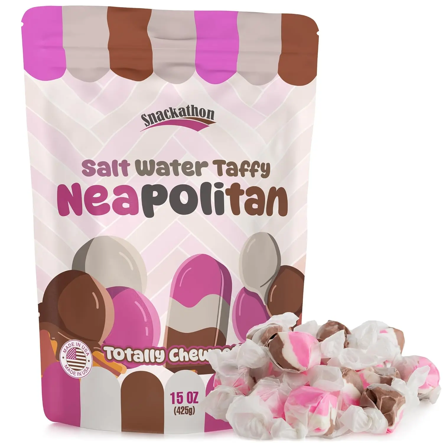 Snackathon Salt Water Taffy Single Flavor, Neapolitan, Bulk Individually Wrapped Gourmet Candy, Soft & Chewy Sweet Treats, 15 oz Resealable Bag