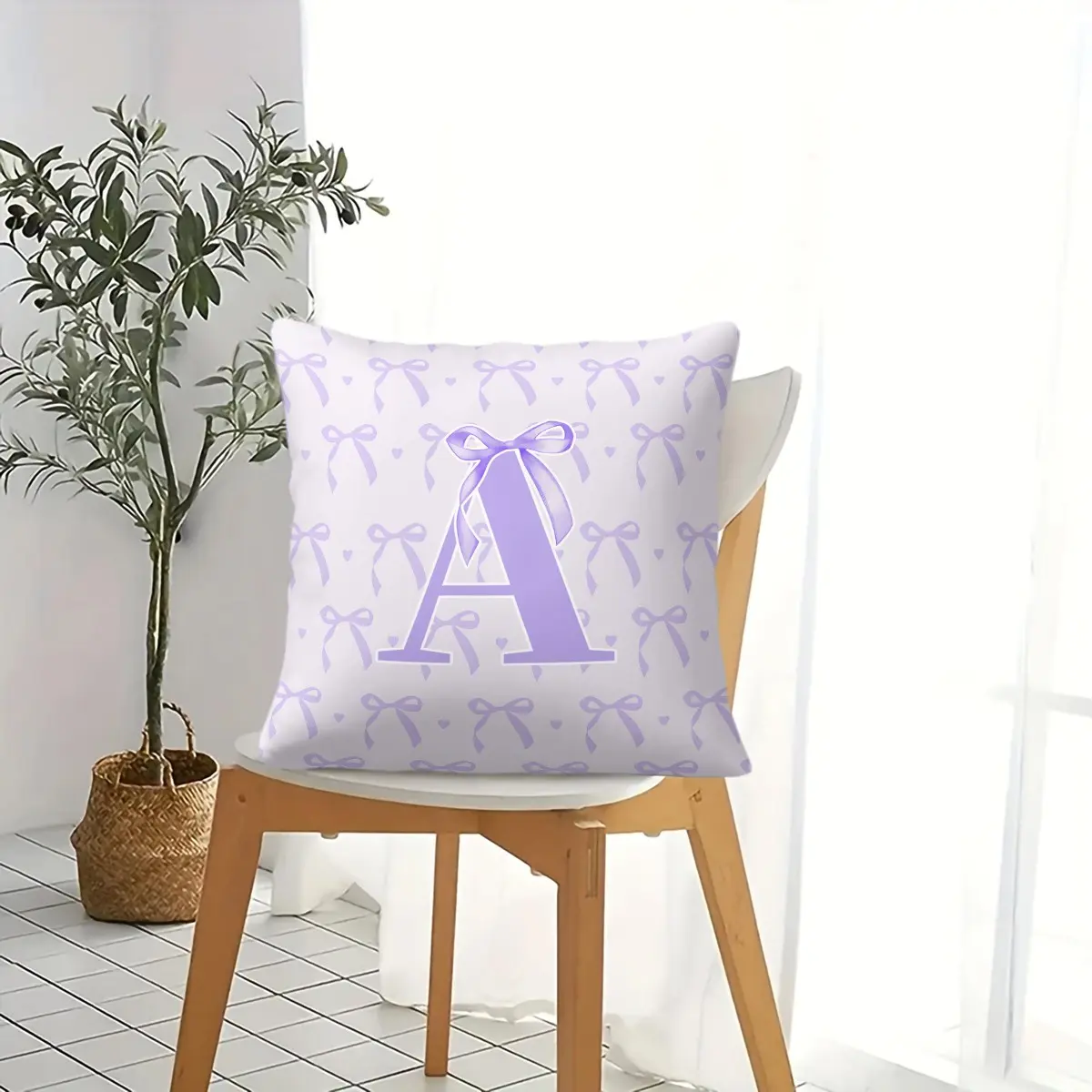 Purple Ribbon Bow Initial Letter A-Z Throw Pillow, Coquette Girly Cushion Preppy Aesthetic Accent Pillow Includes Pillow Core, Perfect for Sofa, Couch, Bedroom, Living Room, Dorm Decor, Great Gift for Teen Girls Women