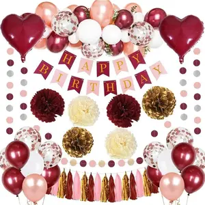 Pink Birthday Party Decorations with White Balloons & Happy Birthday Banner For Lady 30th 40th (Burgundy)