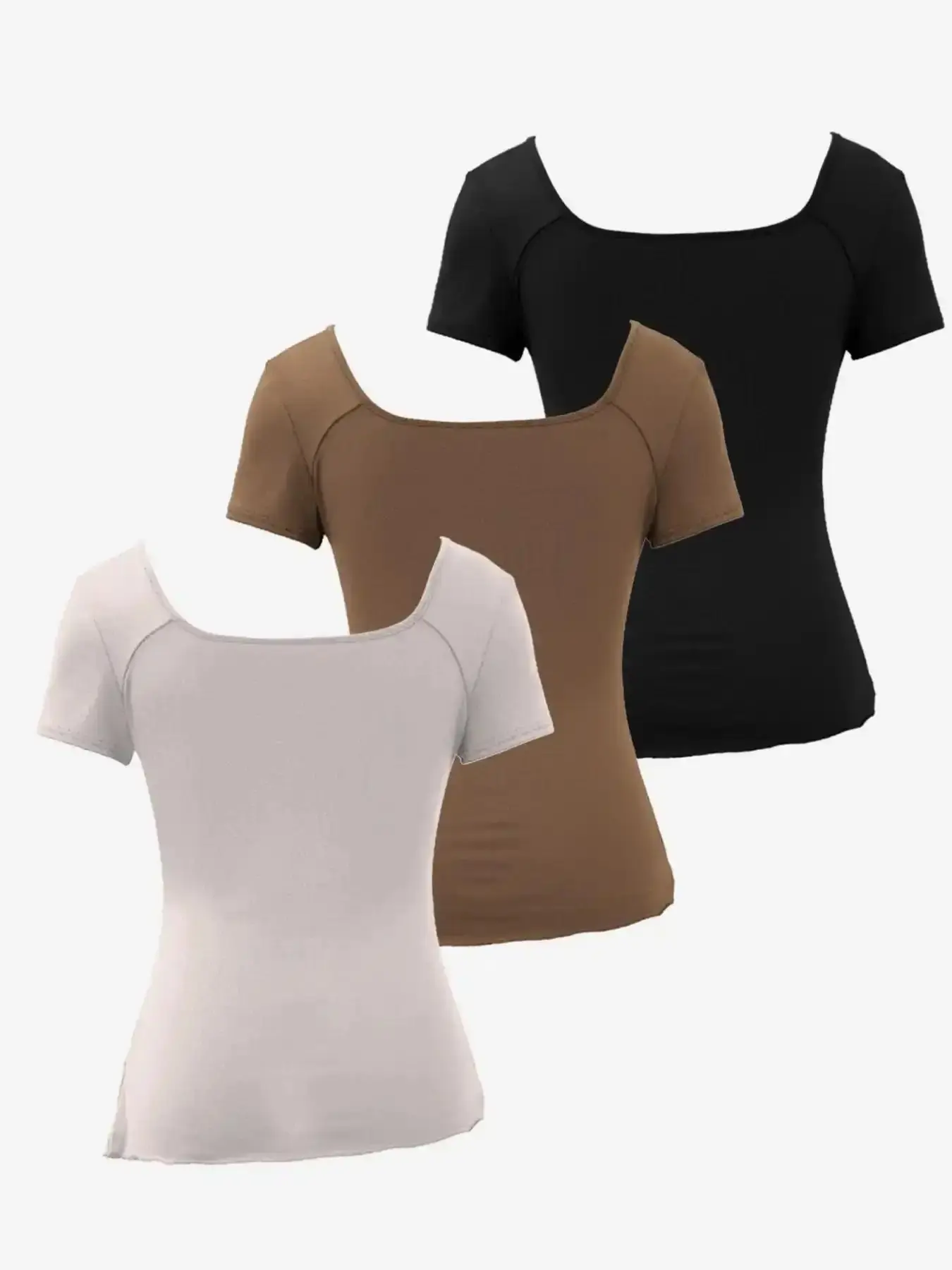 Graceful 3pcs Square Neck Short Sleeve Women's Casual Basic Minimalist T-Shirt with Ruching Design and Side Slits, Slim Fit Top for Spring Everyday Versatility, effortless layering, chic everyday, refined casual