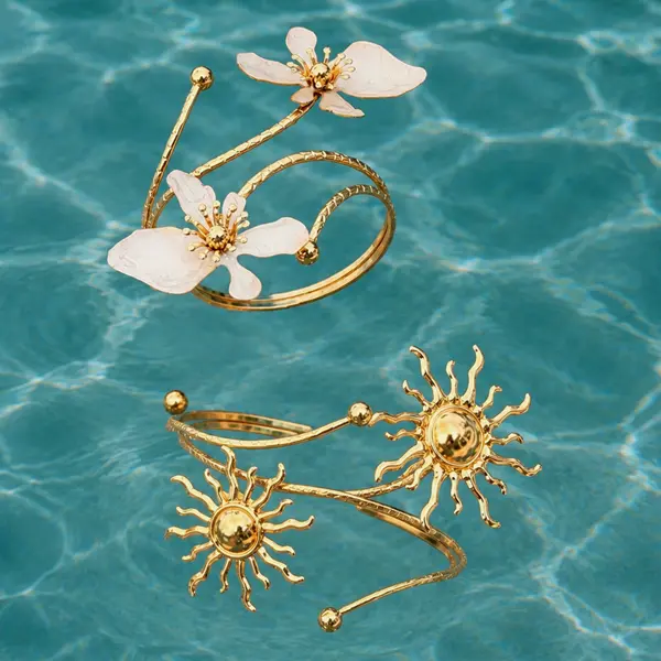 Gold Plated Upper Arm Cuff Set of 2, Waterproof Non-Tarnish Sun & Flower Boho Armlets