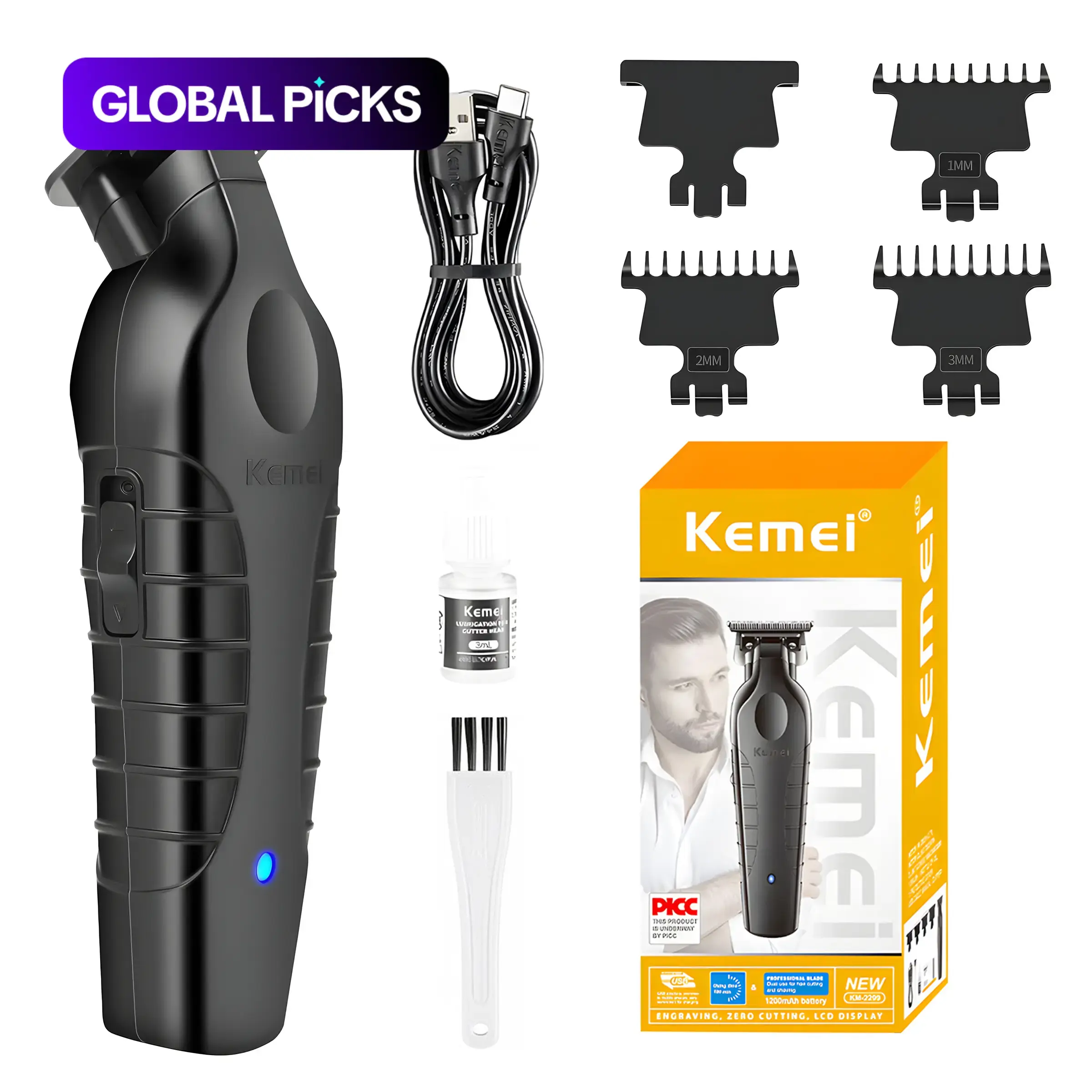 Kemei KM-2299 Professional Hair Trimmer, Cordless Detailer Barber Clipper with Zero-Gapped Carbon Blade, High-Quality Trimmer, Cordless Rechargeable Trimmer, Battery-Powered Trimmer #GLOBAL PICKS