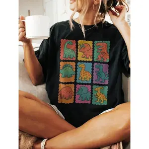 Retro Dino Grid Graphic Tee Dinosaur Shirt