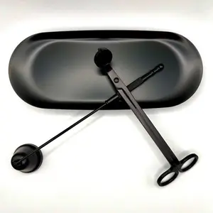 The Ritual Trio Decor Gift Accessories in Matte Black Iron - Wick Trimmer, Snuffer, and Oval Candle Plate Set