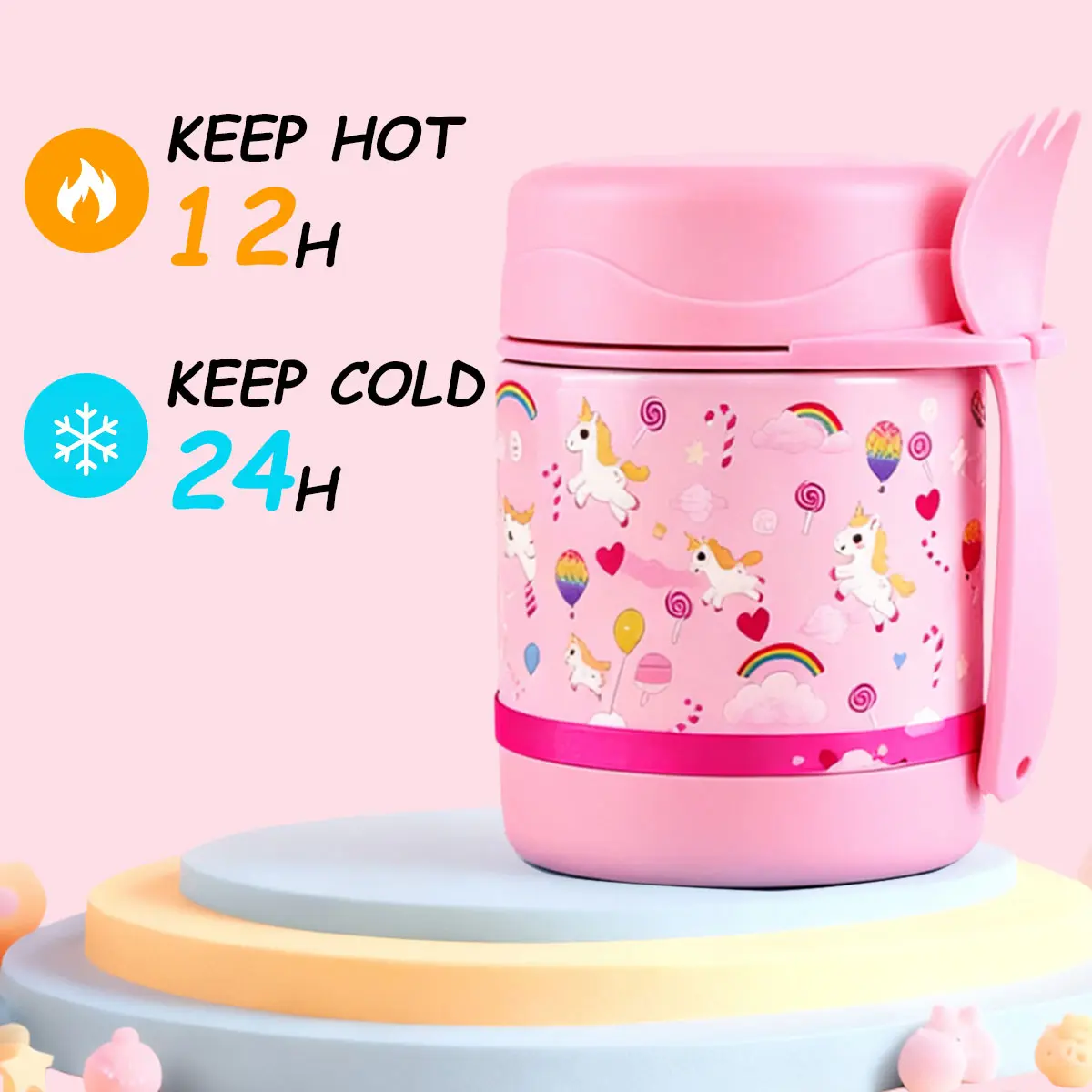 Cartoon Insulated Lunch Box for Kids, 300ml Wide Mouth Food Jar with Spoon, Double Wall Vacuum Thermal Bento Box, Leakproof, Exquisite 3D Pattern Design, For School Or Office (10oz)