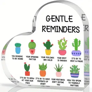 Gentle Reminders Decor, Positive Affirmations Desktop Art Decorations for Home Therapy Office School Counselling Office Mental Health Awareness Gifts, Heart Shape Acrylic Cactus Sign Decor