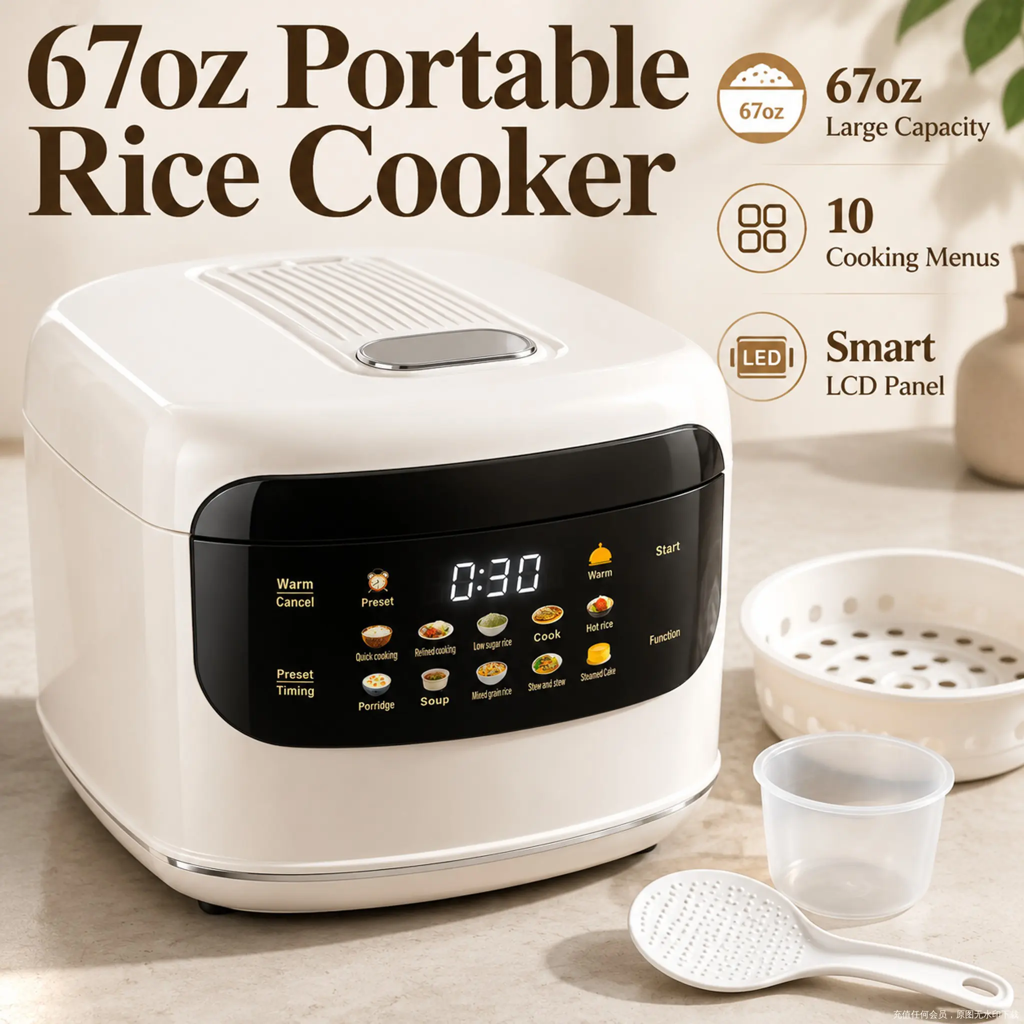 Multifunction Rice Cooker - 2L/67OZ Plastic Compact Small Footprint Countertop Cooker, Keep-Warm Ready, Delay Timer, 10-in-1, 12 Presets, 4-Cup Uncooked, 4 to 8 Cup Cooking, for Rice, Soup & Oatmeal, Porridge