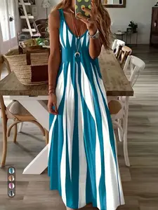 2026 Women's Striped Sleeveless Maxi Dress, Sexy V Neck Backless Flowy a Line, Summer Tummy Control Leg-Lengthening Beach