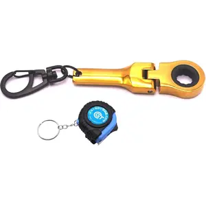 Gold 10mm Ratchet Wrench Keychain Key Ring with Free 3FT Tape Measurement Compact Portable Keyring Attachment Ideal Gift for DIY Enthusiasts