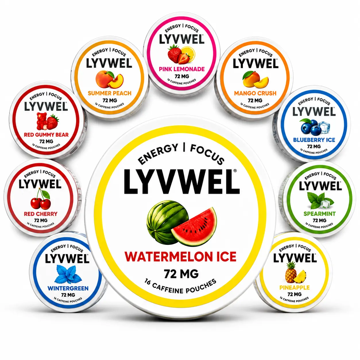New Lyvwel 72mg Caffeine pouches 10 Can Variety Pack Upper energy Decky 1152mg per Jar Sugar free