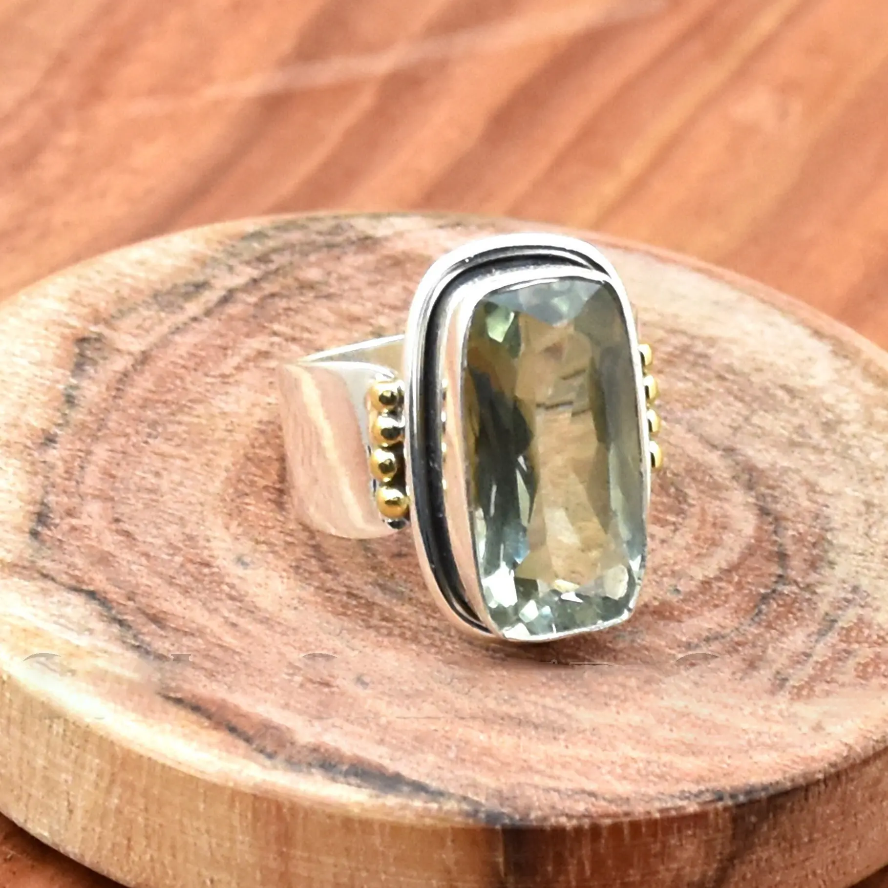 Bohemian Vintage Statement Ring for Women, 2-Tone Wide Band with Olive Green Crystal and Gold Accents, Affordable Artistic Costume Jewelry, Affordable Price, Rings For Women