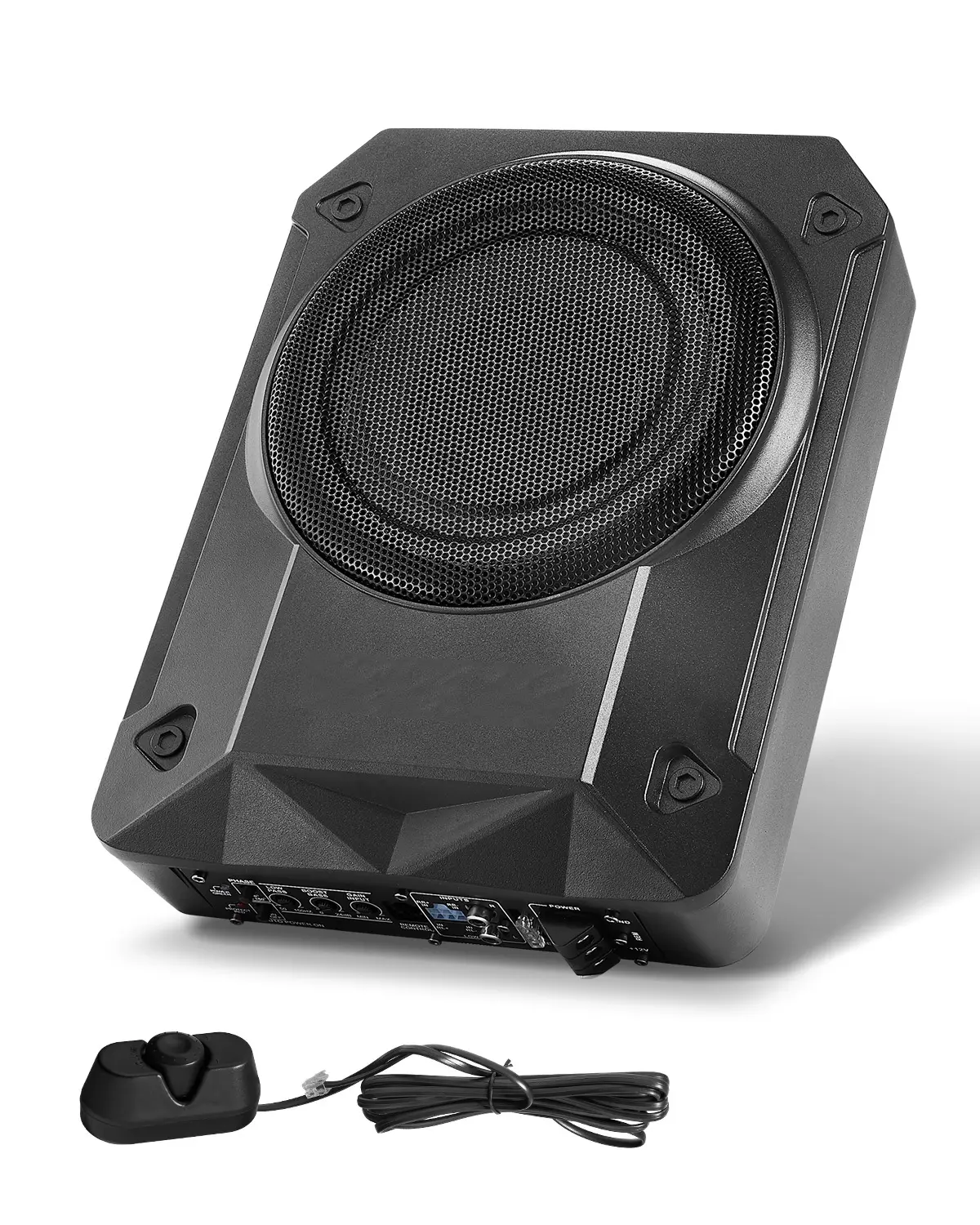 8" Slim Powered Underseat Car Subwoofer with 800W Power Built-in Amplifier, High/Low Level Input, Volume Controller for SUVs, Trucks