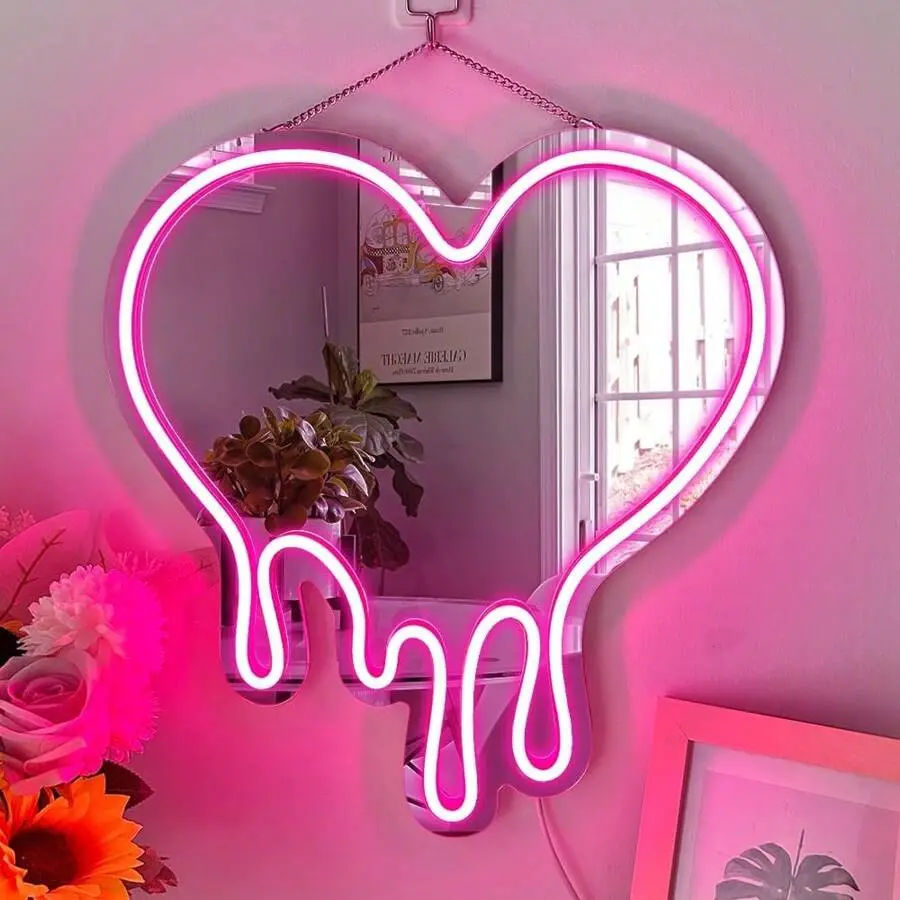 ROSNEK Pink Dripping Heart LED Neon Sign, Decorative Wall Light, USB-Powered Hanging Neon Accent Light for Bedroom, Bar, Ideal Women's Gift, Led Neon Lights