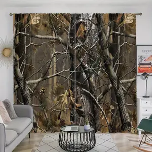 Forest Camouflage Pattern Curtain, 2 Counts Oak Branch and Leaf Pattern Curtain, Home Decoration for Living Room Bedroom Kitchen Study Room Bathroom