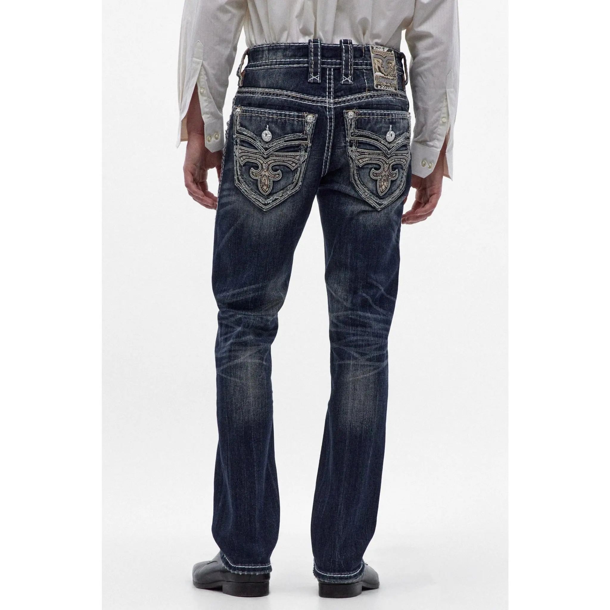 Rock Revival Men's Stretch Denim Tristan Straight-Leg Jeans - Dark, Embroidered, Whiskered, Leather-Accented, 90s Inspired, Vintage Full-Length, Fitted, Non-Baggy, Sanded, Button Closure, Leather Waist Patch, Functional Pockets, Embroidery