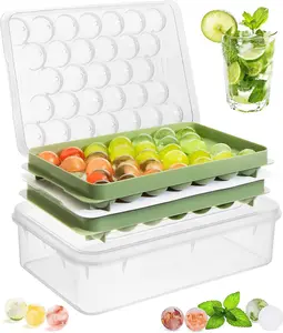 Ice Cube Tray with Lid and Bin - 62 Round Ice Trays for Freezer, BPA-Free Plastic with Easy Release Ice Ball Maker, Stackable Cocktail Molds