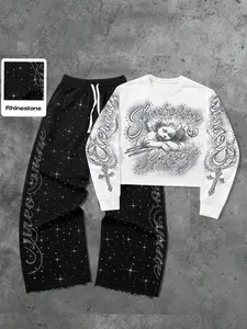 Men's Street Style Casual Loose Rhinestone Straight Leg Sweatpants, Angel Print Short Sleeve Hoodie Set, Unisex Fashion