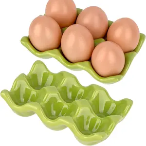 Ceramic Egg Holder Trays, 2-Pack Green, 6-Slot Each (12 Eggs Total) — Countertop & Fridge Egg Cups Organizer, Glazed Stoneware Egg Rack
