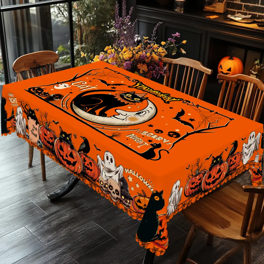 PLUMLIK Orange Halloween Tablecloth with Cute Spooky Black Cat Pumpkin Patterns, Halloween Decor 2025, Day Of The Dead Round Rectangular Table Cloth, Kitchen Homegoods Halloween, Holiday Indoor Outdoor Table Decor, Halloween Ghost Bonfire Party Decor