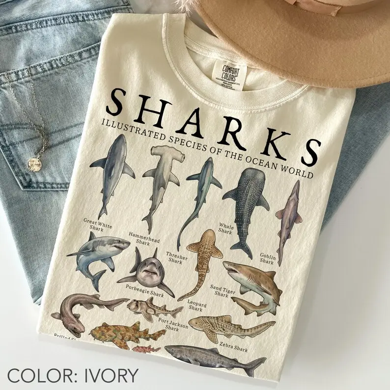 Comfort Colors Shark TShirt, Vintage Shark Species T-Shirt, Marine Life Tee, Ocean Animal TShirt, Fish Tee, Shark Lover Gift, Aquarium Gift