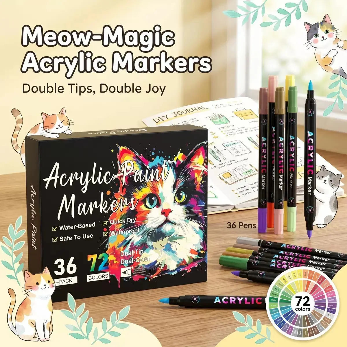 Dual-Tip Acrylic Paint Markers, 24/48/72-Color Office Stationery Artistic Drawing Tools, Washable Non-Toxic No-Bleed Supplies for Kids & Teens