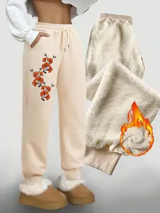 Women's Fleece Lined Long Pants, Floral Print, Drawstring Waist, Adjustable, Pockets, Casual Chic Fall & Winter Wear, Warm Lamb Velvet Trousers
