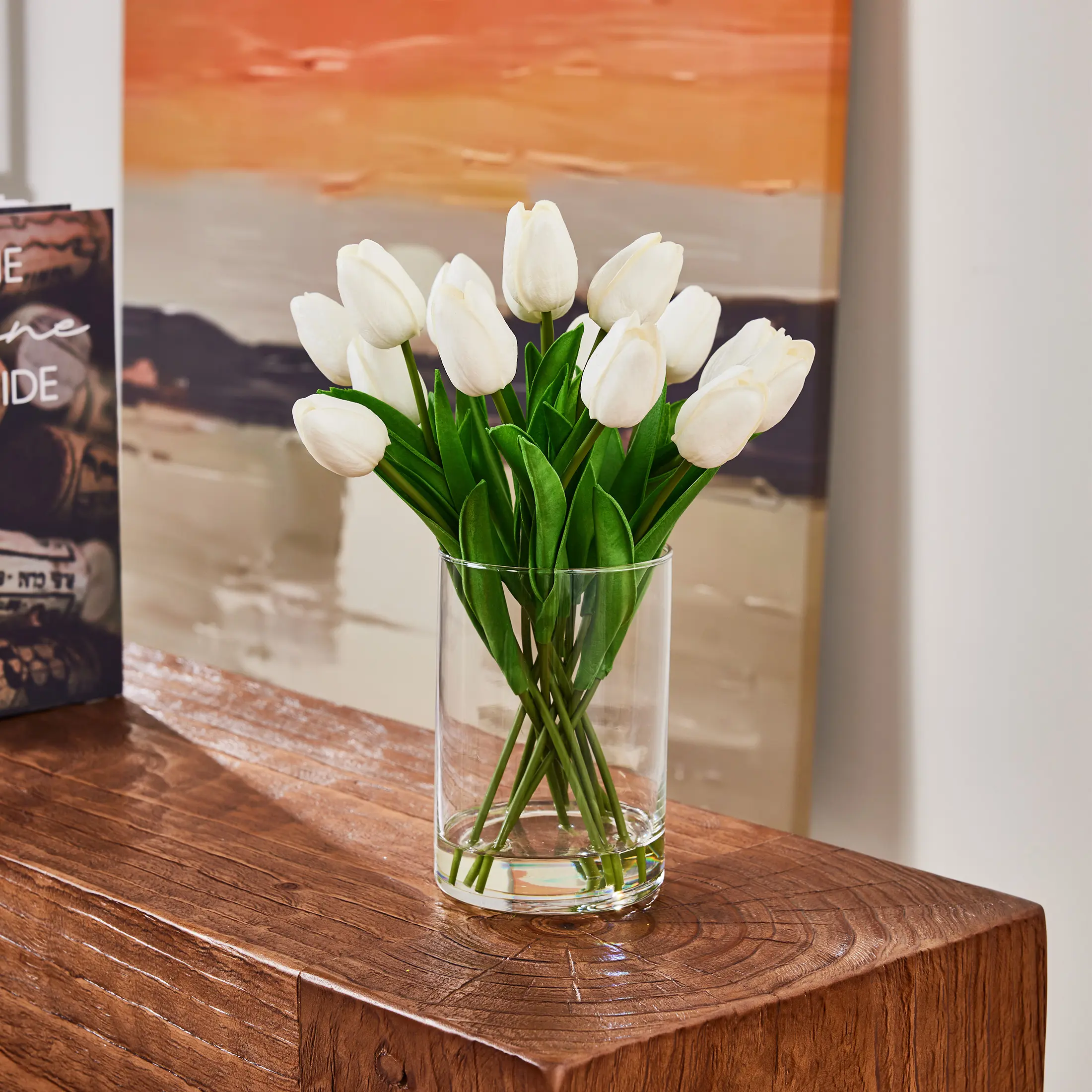 DR.Planzen 12" Decorative Artificial White Tulip Bouquet in Glass Vase with Faux Water, Real-Touch House Decor for Kitchen & Mother’s Day Ready Centerpiece