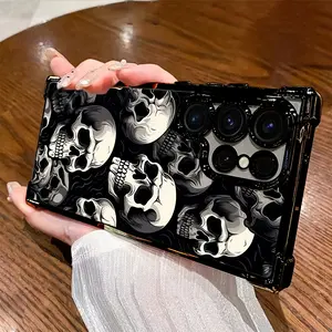 Black and White Skull Pattern Mobile Phone Case for Samsung Galaxy S25 S24 S23 S22 S21 FE Ultra Plus 4G 5G, Anti-Fall Transparent Soft Back Cover Smartphone Cellphone