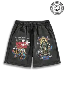 Men's Loose Fit Washed Denim Shorts, Break Norms Religious Print, Gothic & Casual Streetwear, Dark Aesthetic, Guadalupe Virgin Mary Design