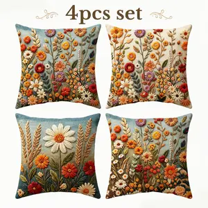Four-piece textured floral throw pillowcase set (18 x 18 inches), 4 pieces | Bohemian farmhouse style decorative cushions | Beautiful sofa and living room décor