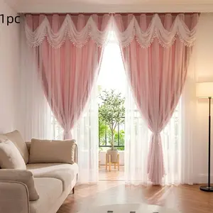 1pc Room Darkening Integrated Curtains Blackout Window Cover with Waterfall Valance Pink Grey Grommet Style Same Color on Both Sides High Blackout Thermal Insulated Privacy Protect