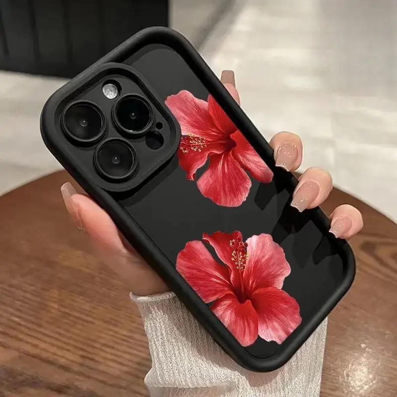 Hibiscus Blooms Pattern TPU Phone Case for iPhone17 Pro Max, Air  16 15 14 Pro Max 13 12 11 XR XS Plus Shockproof Non Slip Military-Grade Protection Silicone Cover Cellphone Protective Smartphone Casing