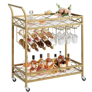 2-Tier Multi-Purpose Cart with Wheels, Bar Cart for Home Use, Gold, with Wine Rack and Glass Holder, Suitable for Living Room, Kitchen, Dining Room