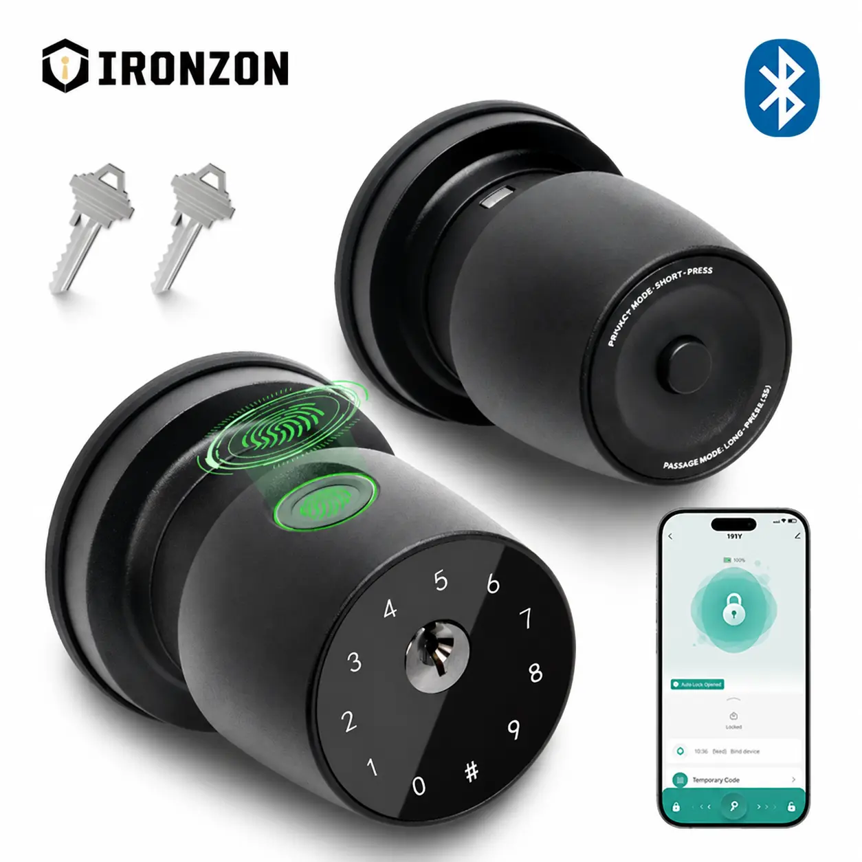 IRONZON 4-in-1 Smart Fingerprint Door Knob - Waterproof Keyless Lock with 4 Unlock Ways (Fingerprint, Keypad Code, Mechanical Key, App Control), 1-Tap Privacy Mode, Auto-Lock, Easy Installation for Indoor/Outdoor Doors (Matte Black, Satin Nickel), Door Lo