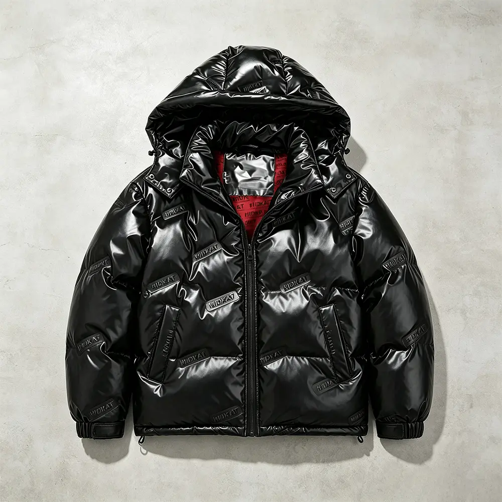 Men’s glossy black hooded insulated puffer jacket with heat-pressed branding, full-zip closure and adjustable hood, loose fit, vintage Y2K street style, layering-friendly, windproof and cold-resistant winter bread jacket Menswear Coats