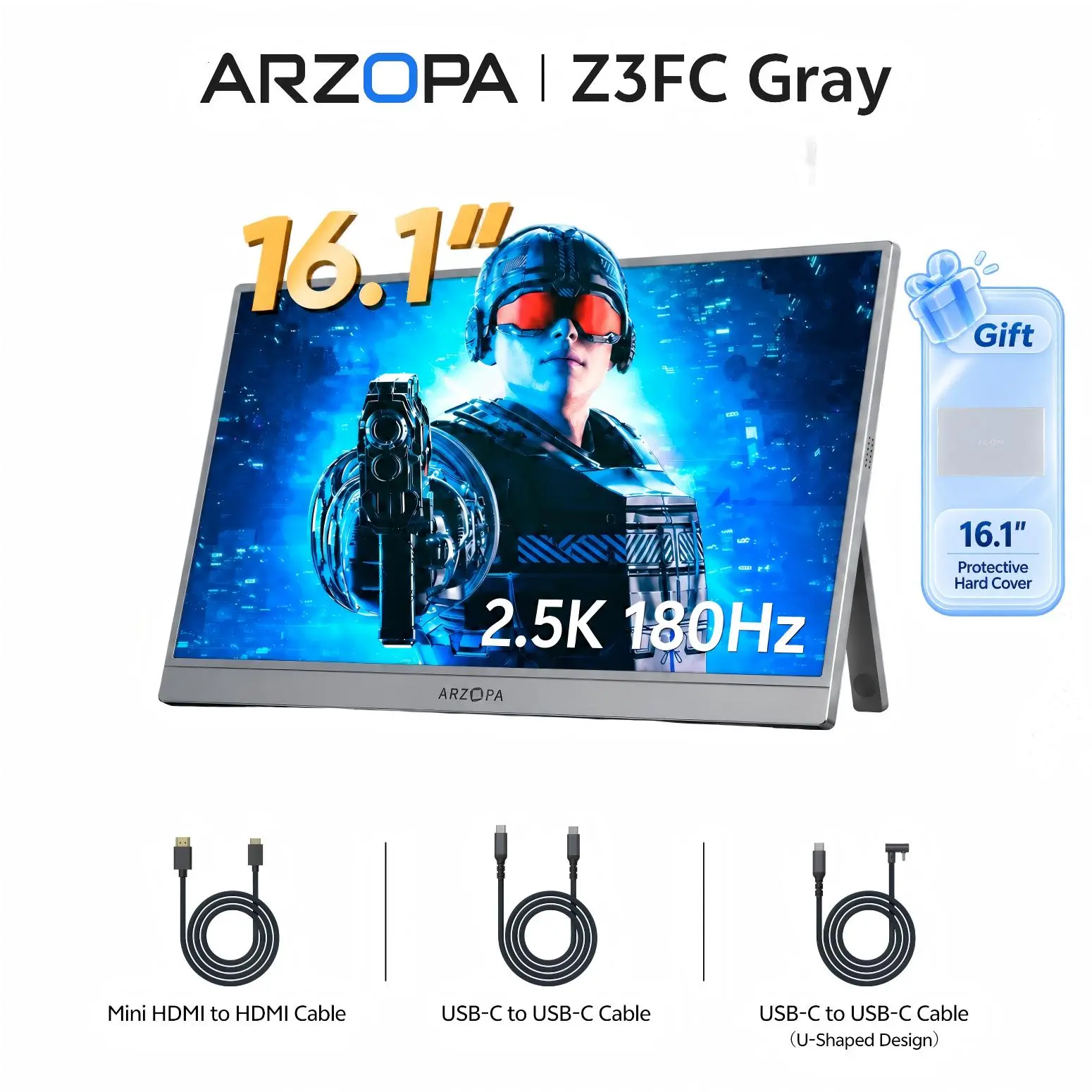 ARZOPA Z3FC, 16.1" 2.5K 180Hz, Portable Gaming Monitor, 107% sRGB, 2560x1440 QHD, Slim External Second Screen for Laptop PC PS5 Mac Xbox with Built-in KickStand & Dual Speakers