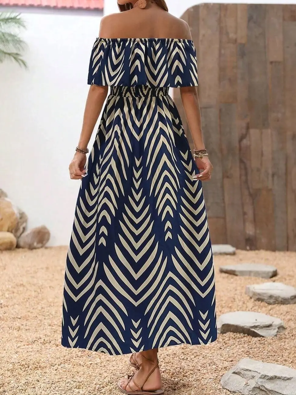 Summer Vacation Casual Off-Shoulder Split Leaf Print Dress with Flounce  Sleeve Short Sleeve Boho Style Blue and White Colorblock All Over Print A  Line Midi Dress for Women - Day, Womenswear -