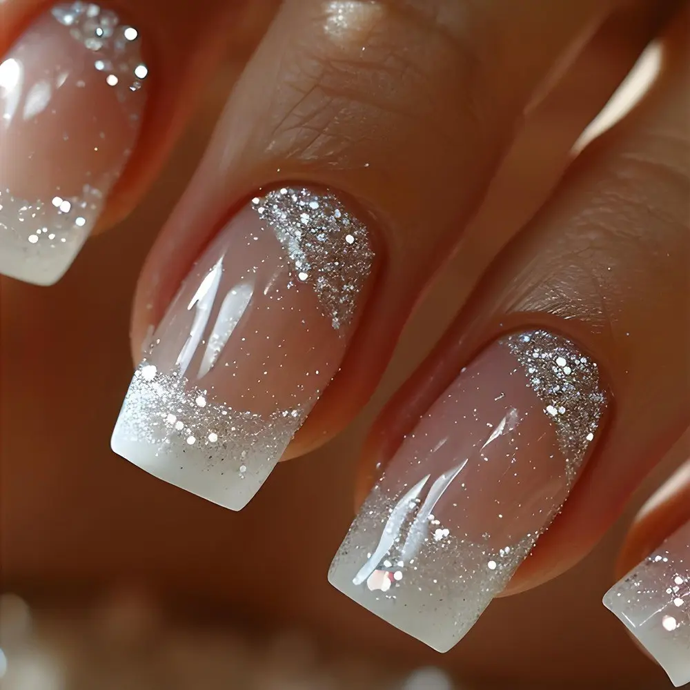48pcs Nude Glitter French Manicure Nails, French Tips Nails, Suitable for Office/student/leisure/party, Simple and Elegant, Includes Jelly Gel and Scrubbers, French Tip, Glitter Gel Set